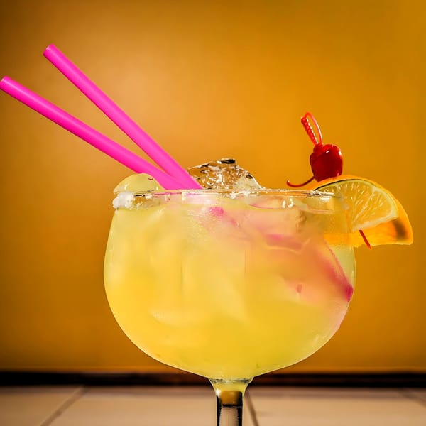 A vibrant yellow margarita with ice, pink straws, a cherry, and a lime slice.