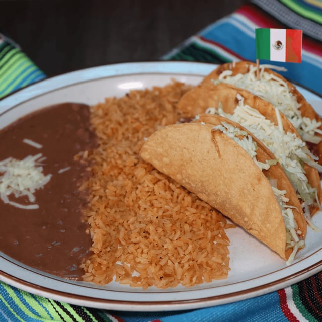 10. Three Beef Tacos, Rice & Beans.