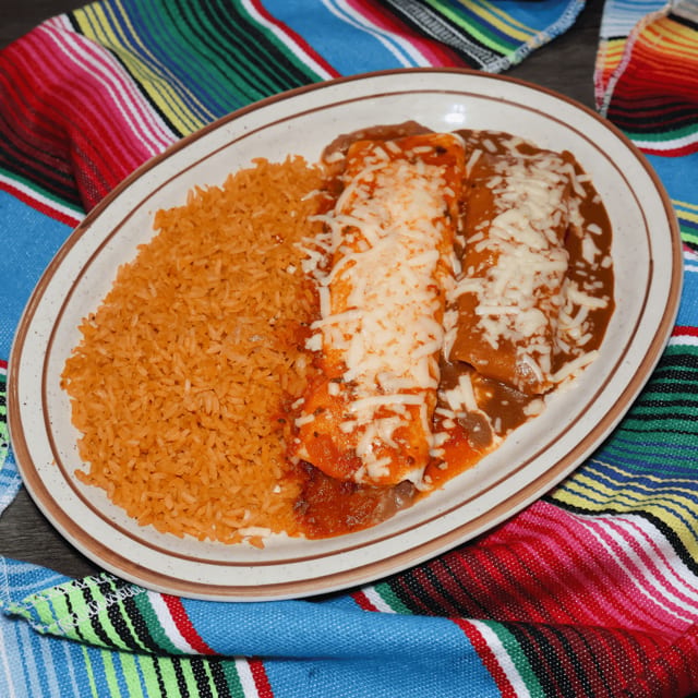 1. Bean Burrito, Cheese Enchilada & Rice.