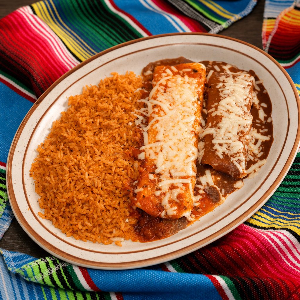 1. Bean Burrito, Cheese Enchilada & Rice.