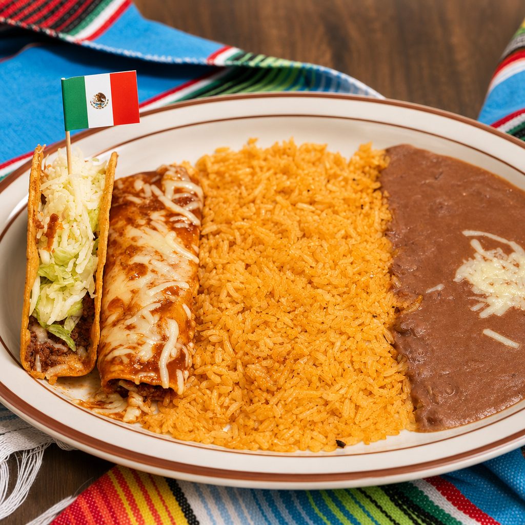 6. Beef Enchilada, Taco, Rice & Beans.
