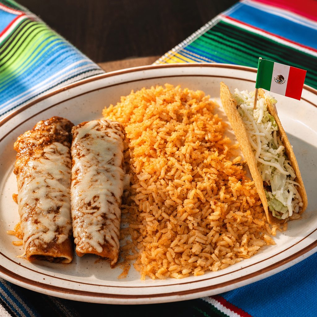 1. Taco, Two Enchiladas with Rice or Beans.