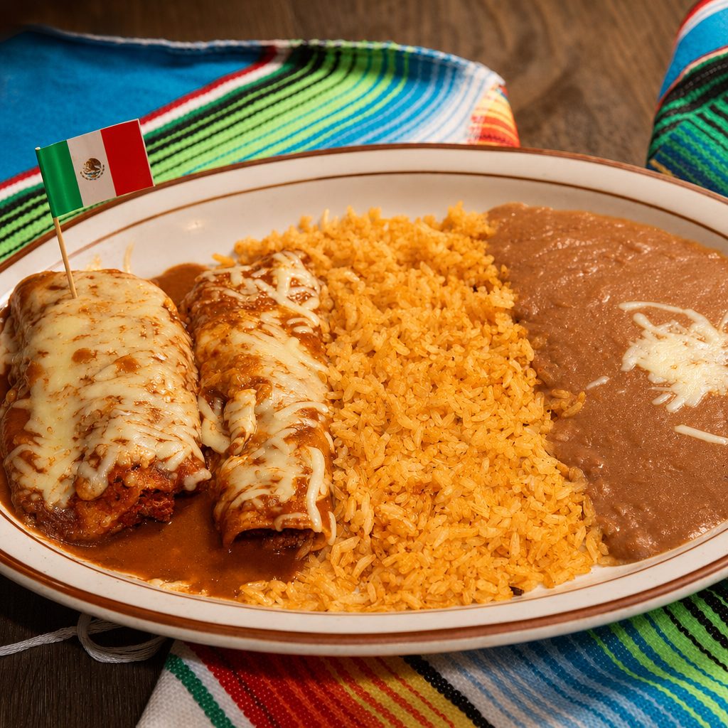 8. Enchilada, Tamale, Rice & Beans.