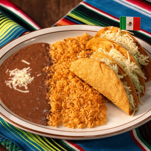10. Three Beef Tacos, Rice & Beans.