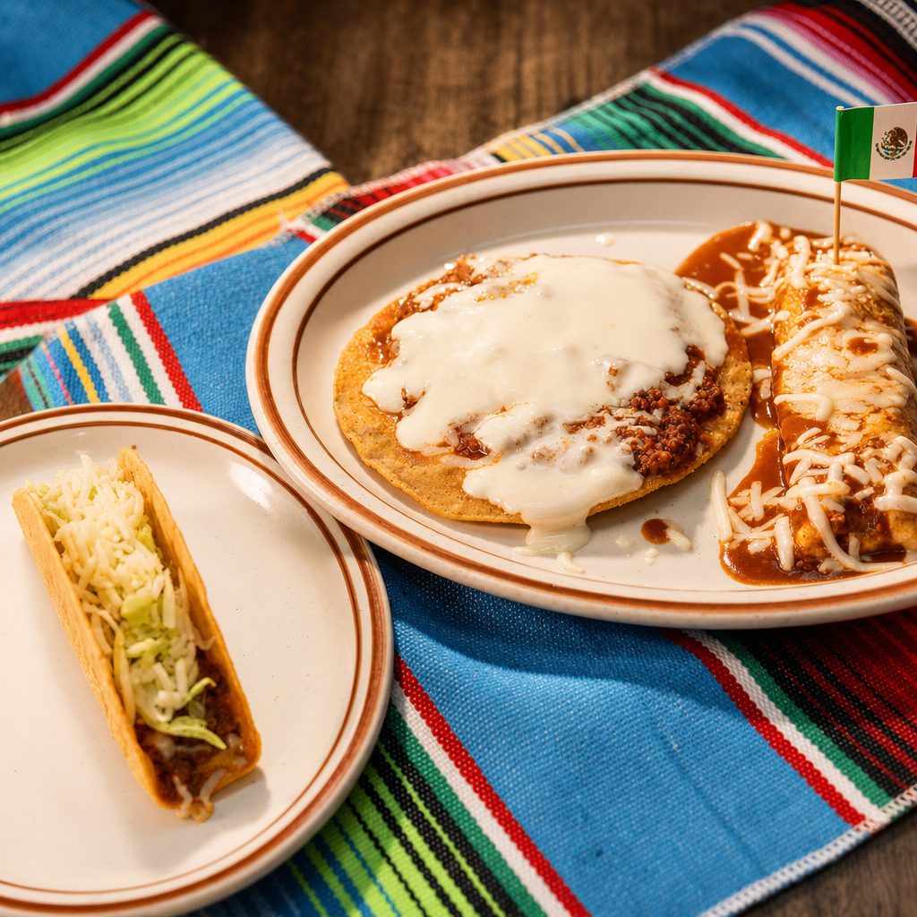 4. Taco, Enchilada & Tostada with Cheese & Beef.