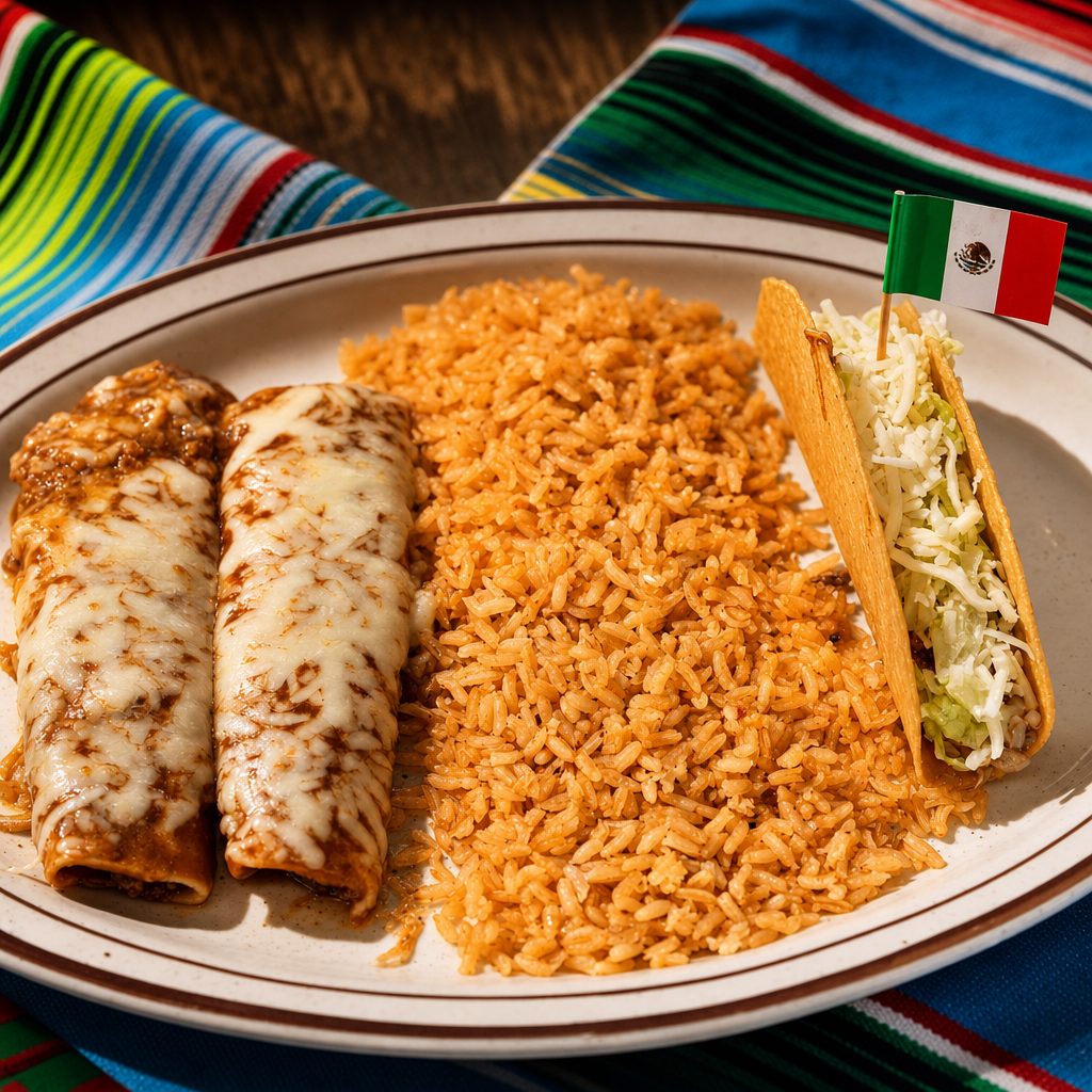 1. Taco, Two Enchiladas with Rice or Beans.