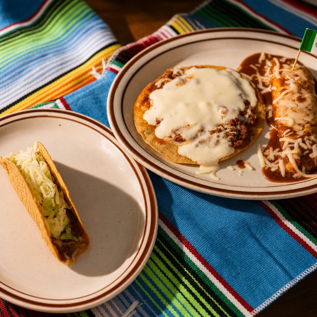 4. Taco, Enchilada & Tostada with Cheese & Beef.