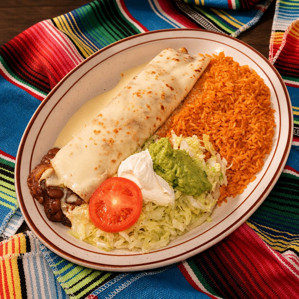 5. Vegetable and Bean Burrito, Rice & Salad.