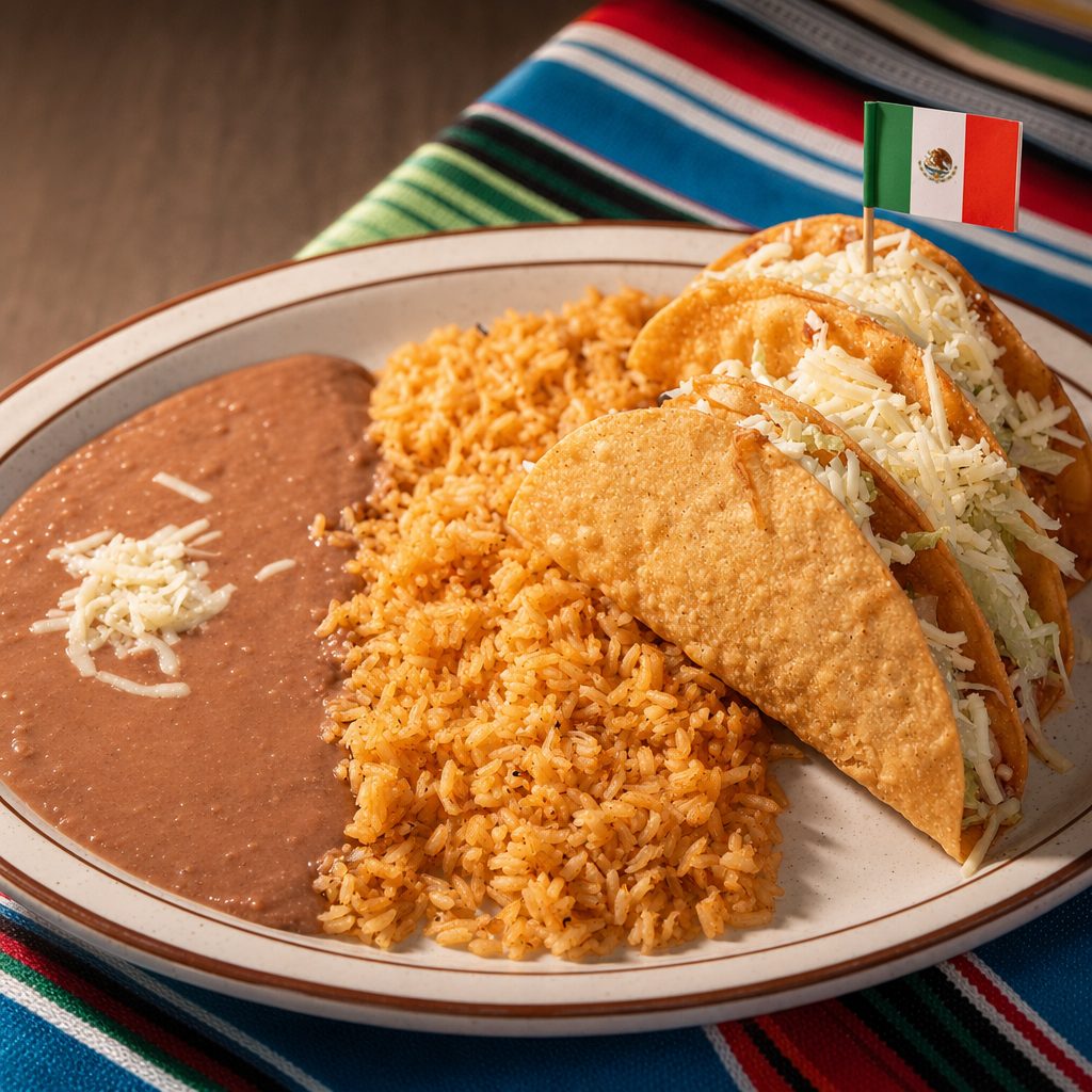 10. Three Beef Tacos, Rice & Beans.