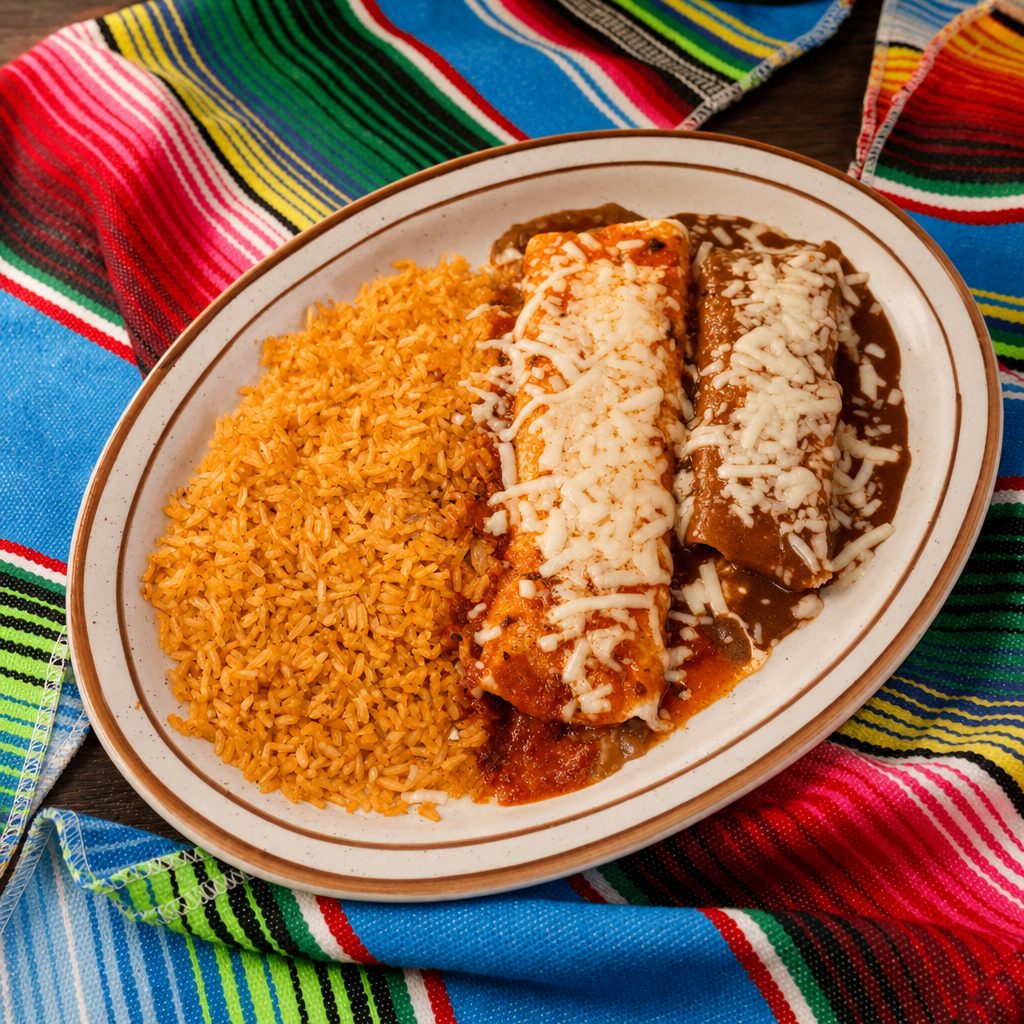 1. Bean Burrito, Cheese Enchilada & Rice.