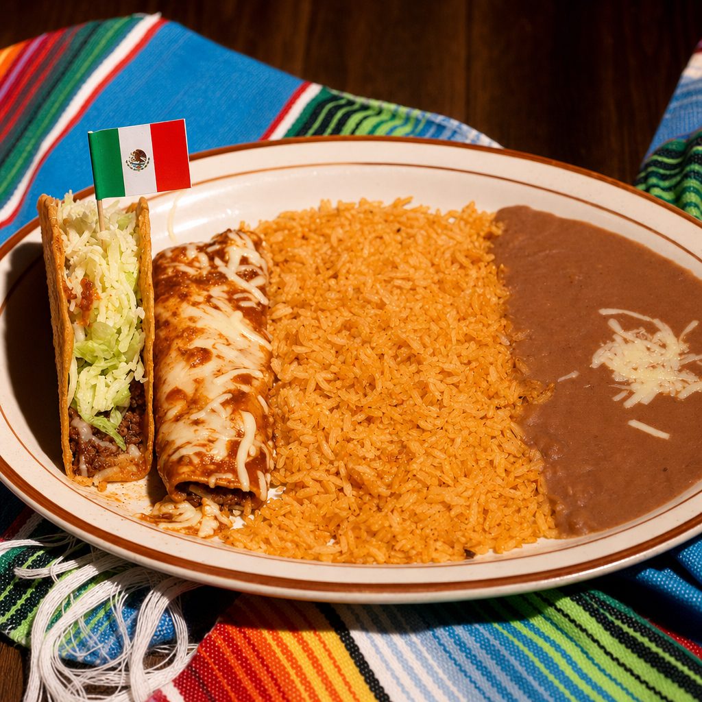 6. Beef Enchilada, Taco, Rice & Beans.