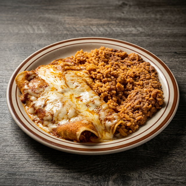 5. Two Beef Enchiladas, Rice and Beans.